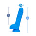 Neon blue 9-inch dual density dildo with suction cup base and detailed texture, showing dimensions and insertable length.