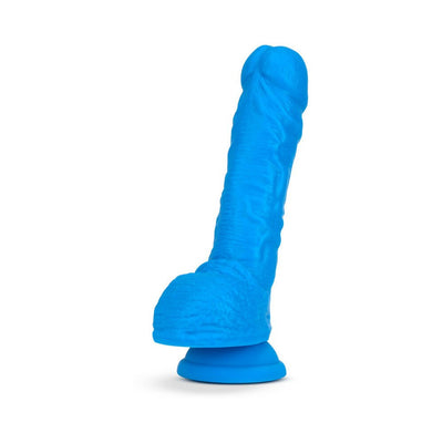 Neo 9-inch neon blue dual density dildo with realistic texture and suction cup base on white background.