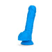 Neo 9-inch neon blue dual density dildo with realistic texture and suction cup base on white background.