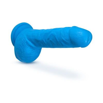 Neon blue 9-inch dual density dildo with realistic texture and suction cup base for hands-free use.