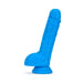 Neon blue 9-inch dual density dildo with realistic texture and suction cup base for hands-free use.