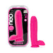 Neon pink 10-inch dual-density silicone dildo with suction cup and balls, displayed next to its retail packaging.