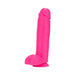 Neon pink 10-inch dual-density silicone dildo with suction cup base and realistic texture.