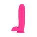 Neon pink 10-inch dual-density silicone dildo with suction cup base and realistic texture.