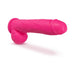 Neon pink 10-inch dual-density silicone dildo with suction cup base and realistic texture.