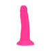 Bright pink 6-inch silicone dual-density dildo with suction cup base standing upright on white background.