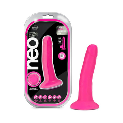 Pink 6-inch Neo Elite silicone dual-density dildo with suction cup base next to its black and pink retail packaging.