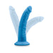 Blue 7.5-inch silicone dual density dildo with suction cup base shown in a flexible bending position.