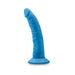 Blue 7.5-inch silicone dual density dildo with suction cup base standing upright on white background.