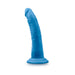 Blue 7.5-inch silicone dual density dildo with suction cup base, realistic texture and slight curve.