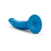 Blue 7.5-inch silicone dual density dildo with suction cup base, realistic texture and veining detail.