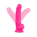 Bright pink silicone dildo with realistic texture and suction cup base shown in three angled positions on white background.