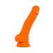 Orange silicone dual density dildo with suction cup base and realistic texture.