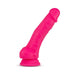 Neon pink 7.5-inch silicone dual density dildo with suction cup base and realistic texture.