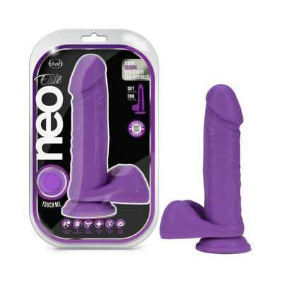Neo Elite 8-inch neon purple silicone dual-density dildo with suction cup and realistic detailing next to its packaging.