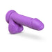 Neon purple 8-inch dual-density silicone dildo with realistic texture, balls, and suction cup base.