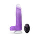 Purple 8-inch vibrating dildo with suction cup base and black remote control with purple buttons.