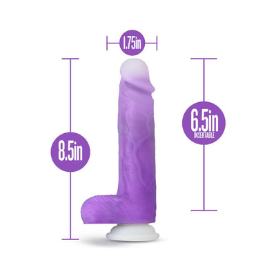 Purple 8.5-inch vibrating dildo with suction base and detailed measurements for length and width.