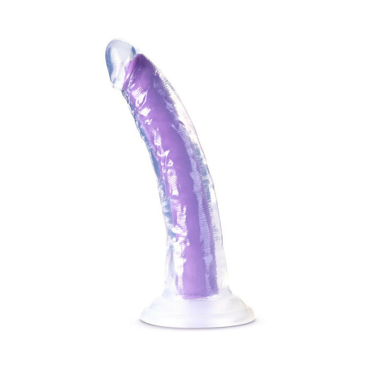 7-inch Neo Elite dual-density dildo in neon purple with a translucent glow-in-the-dark outer layer and suction cup base.