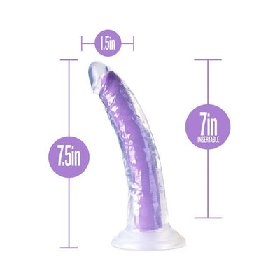 7.5-inch neon purple dual-density silicone dildo with suction base and 7-inch insertable length shown with size measurements.