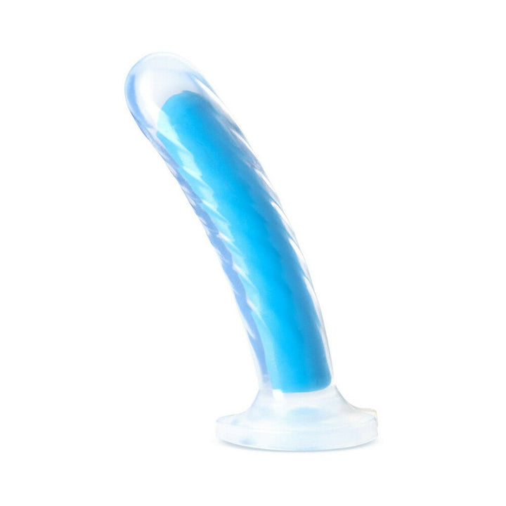 Neo Elite 7-inch glow-in-the-dark dual-density dildo in neon blue with spiral texture and suction cup base.
