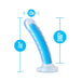 Neo Elite 7-inch dual-density glow-in-the-dark dildo in neon blue with suction base and spiral texture, showing size measurements.
