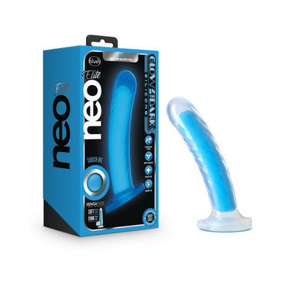 Neo Elite 7-inch neon blue glow-in-the-dark dual-density silicone dildo with suction cup base and packaging box.