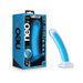Neo Elite 7-inch neon blue glow-in-the-dark dual-density silicone dildo with suction cup base and packaging box.
