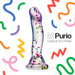 Clear silicone dildo with colorful confetti inside, curved shape, and sturdy suction cup base, surrounded by playful confetti graphics.