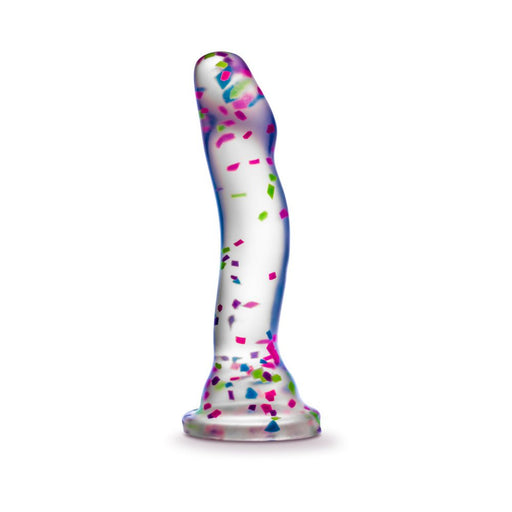 Clear silicone dildo with colorful neon confetti inside and a sturdy suction cup base, curved for targeted stimulation.