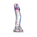 Clear silicone dildo with colorful neon confetti inside and a sturdy suction cup base, curved for targeted stimulation.