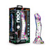 Neo Elite Hanky Panky 7.5-inch clear silicone dildo with colorful confetti and suction cup base next to its black packaging box.