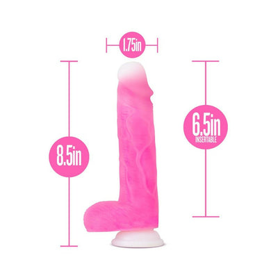 Pink 8.5-inch Neo Elite Roxy dildo with suction base, showing 6.5-inch insertable length and 1.75-inch width measurements.