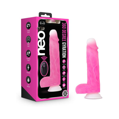 Pink 8-inch Neo Elite Roxy gyrating dildo with suction base next to its vibrant pink and black packaging.