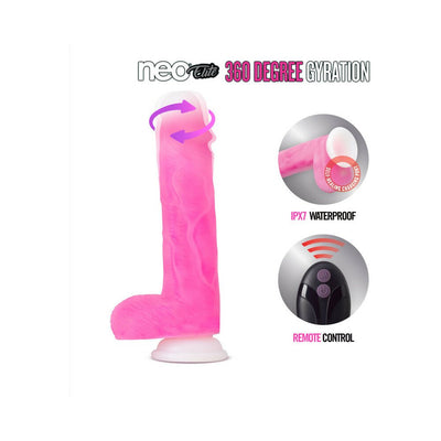 Pink 8-inch Neo Elite Roxy dildo with 360-degree gyration, suction base, waterproof design, and wireless remote control.