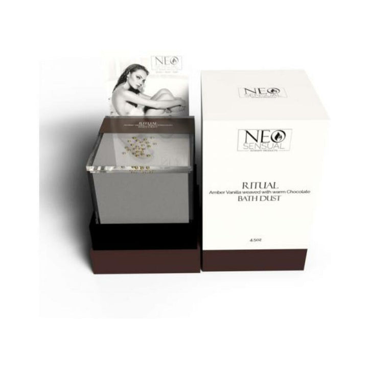 Neo Sensual Ritual Bath Dust 4.5 oz in clear container with white and brown packaging featuring amber vanilla and chocolate scent.