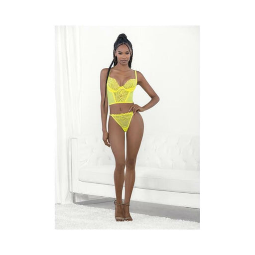 Neon Lace Corset Top W/ring Accent & Panty Neon Lime Lg - SexToy.com