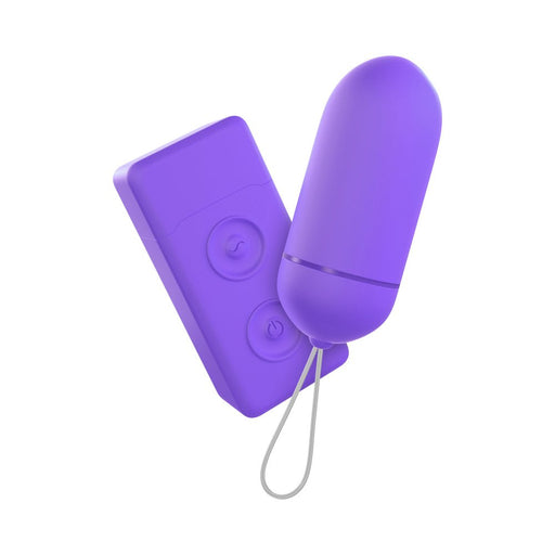 Purple wireless bullet vibrator with matching remote control and wrist loop on white background.
