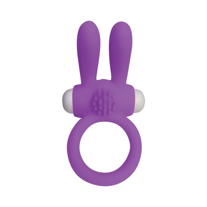 Purple silicone vibrating cock ring with dual bunny ears and textured stimulation area.
