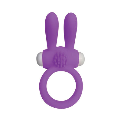 Purple silicone vibrating cock ring with dual bunny ears and textured stimulation area.