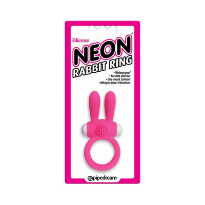 Pink silicone neon rabbit cock ring vibrator in retail packaging with waterproof and one-touch control features.