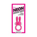 Pink silicone neon rabbit cock ring vibrator in retail packaging with waterproof and one-touch control features.