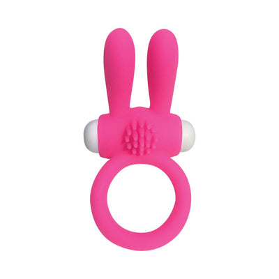 Pink silicone vibrating cock ring with dual rabbit ear extensions and textured stimulation area.