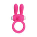 Pink silicone vibrating cock ring with dual rabbit ear extensions and textured stimulation area.
