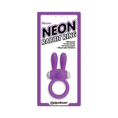 Purple silicone neon rabbit cock ring vibrator in retail packaging with waterproof and one-touch control features.