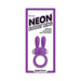 Purple silicone neon rabbit cock ring vibrator in retail packaging with waterproof and one-touch control features.