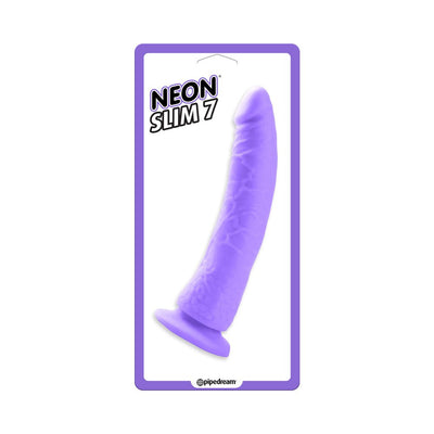 Purple realistic slim dildo with suction cup base in clear packaging labeled Neon Slim 7 by Pipedream.