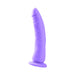 Purple realistic slim dildo with textured veins and suction cup base on a white background.