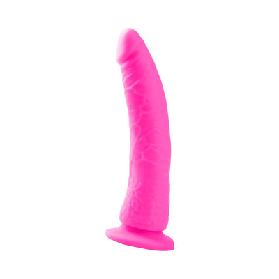 Bright pink realistic dildo with textured veins and suction cup base, standing upright on white background.