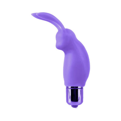 Purple silicone mini rabbit vibrator with flexible ears and silver base on white background
